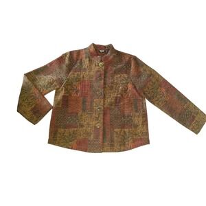 NOMADIC TRADERS Women Brown Mandarin Collar Jacket Sz M Geometric Square Pattern